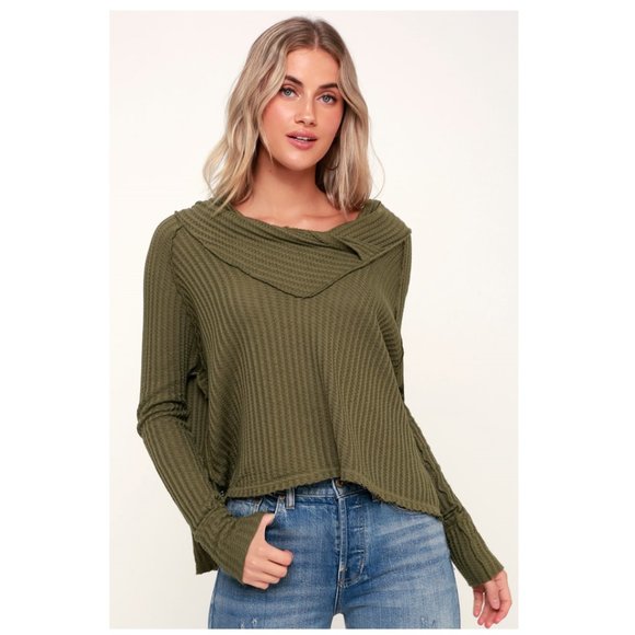 Free People olive colour waffle top - Picture 1 of 5